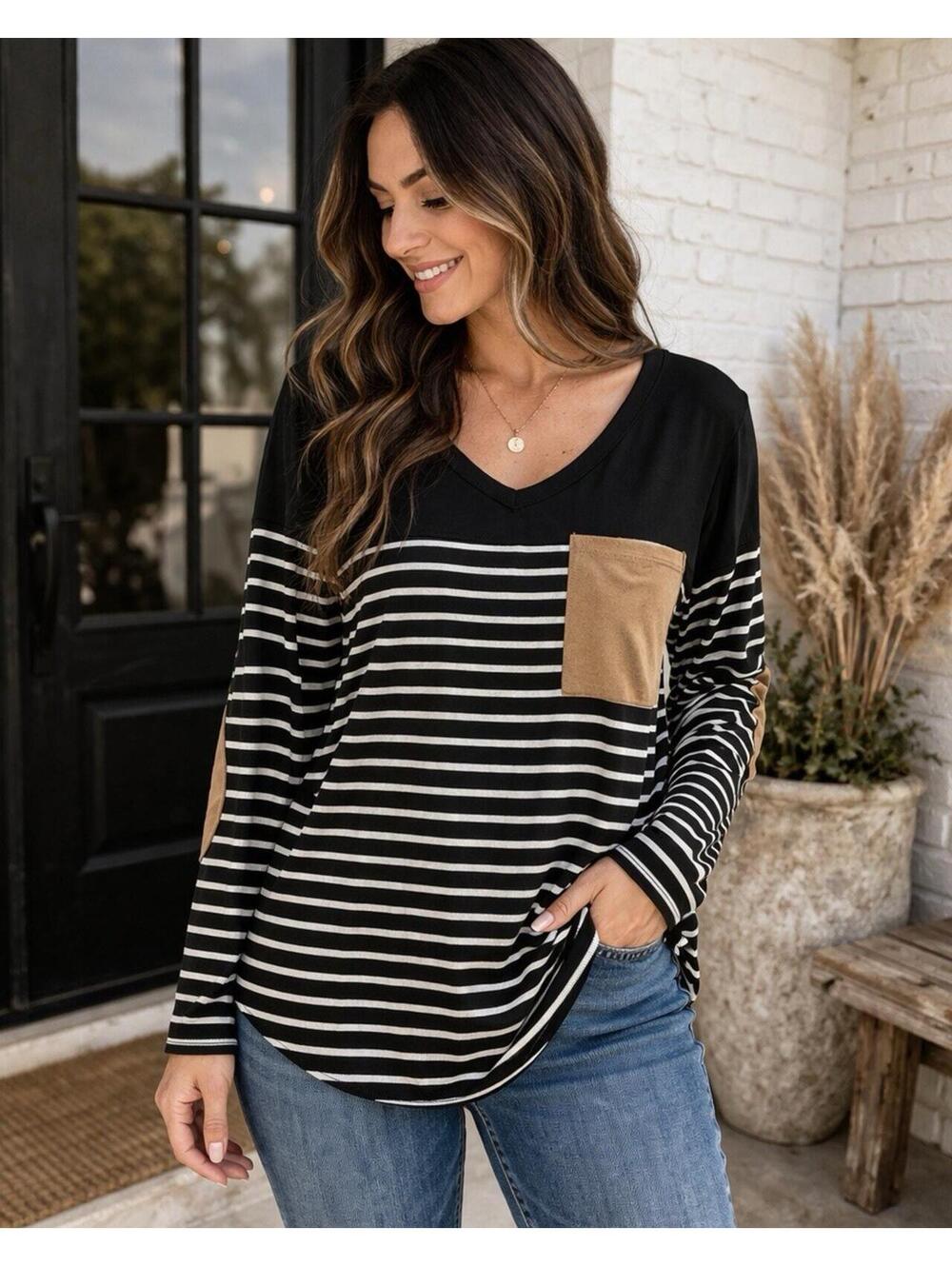 Hailey & Co Striped V Neck Blouse Black White Tan Pocket Long Sleeve Rayon - A7